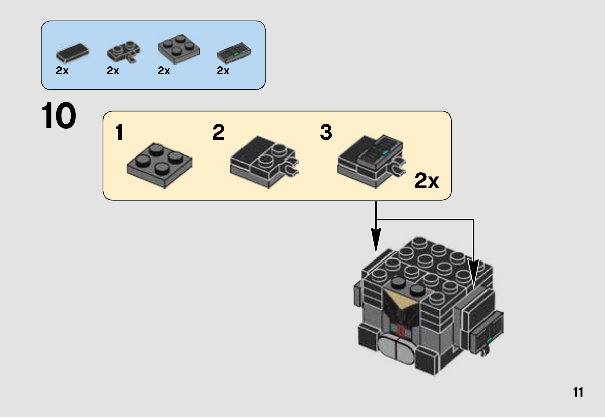 Notice LEGO 41591, page 11 : Préparation de deux assemblages de bras puis pose des tuiles imprimées 6188469.