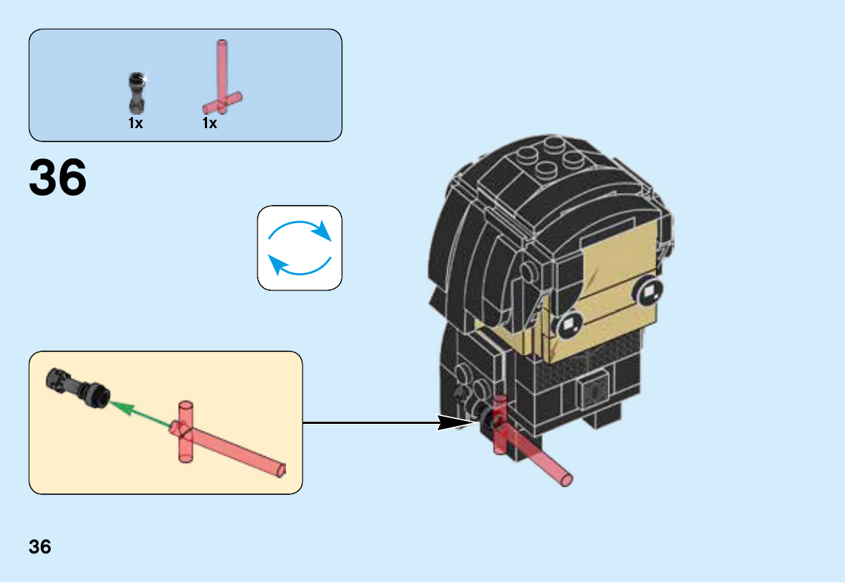 Notice LEGO 41603, page 36 : Sabre : manche et lame rouge en croix, puis fixation à la main.