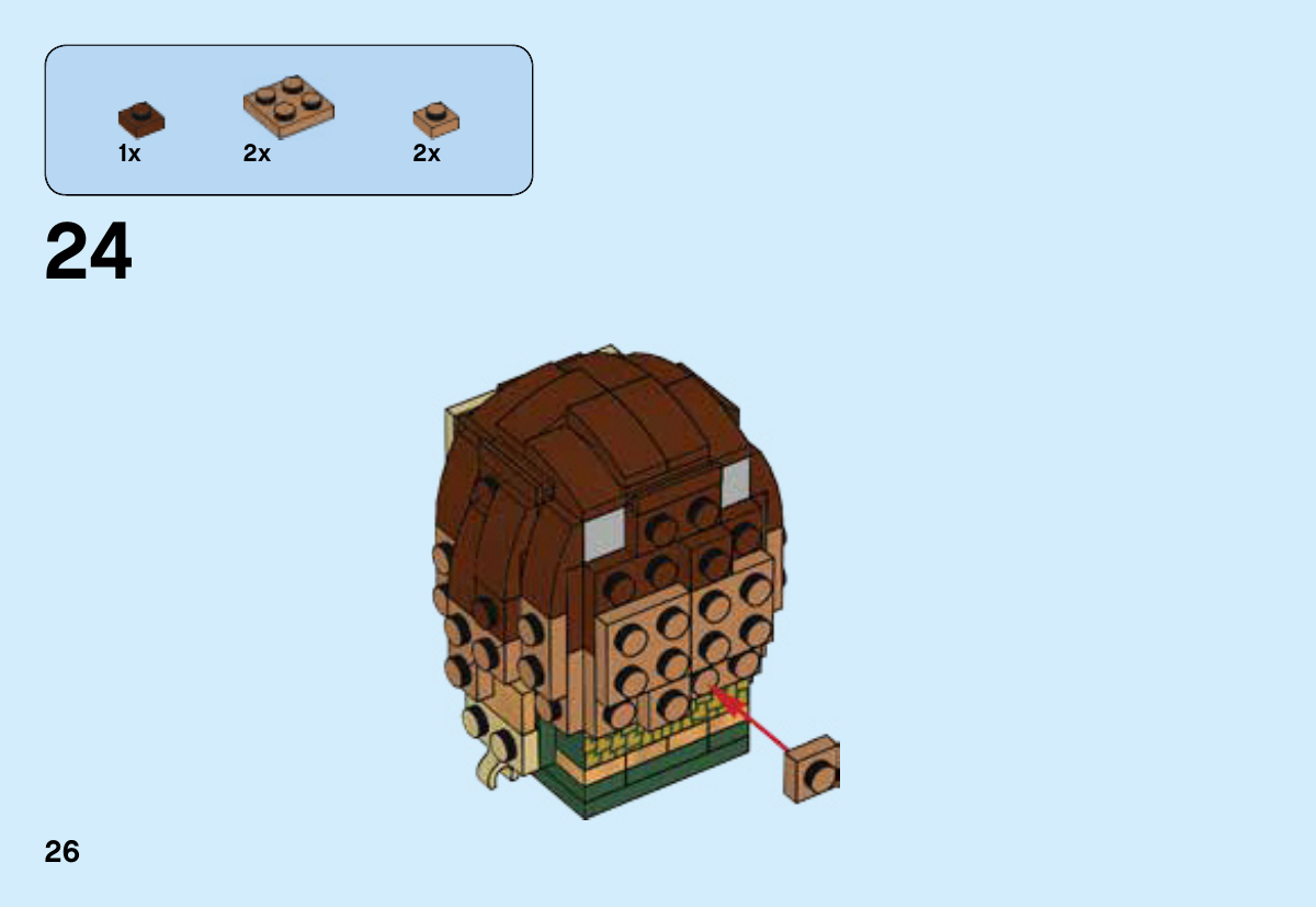 Notice LEGO 41600, page 26 : Compléter le bas arrière des cheveux avec des plaques Medium Nougat et une plaque brun rouge. La chevelure arrière reste inachevée et des supports gris sont encore visibles ; les jambes ne sont pas montées.