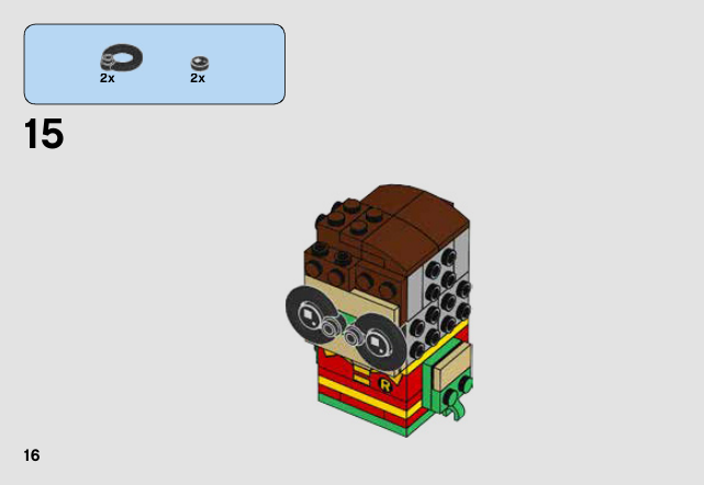 Notice LEGO 41587, page 16 : Deux bouées noires et deux yeux imprimés construisent les lunettes.