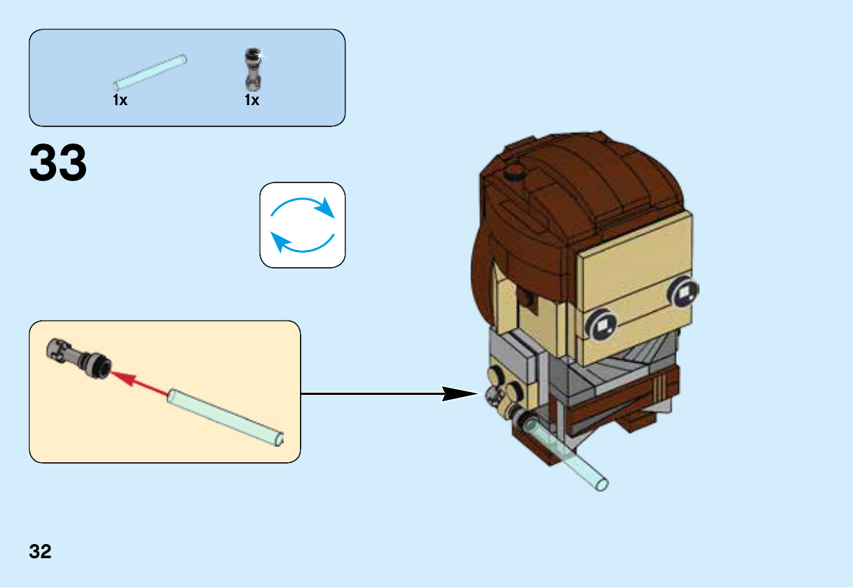 Notice LEGO 41602, page 32 : Assemblage de la lame transparente avec le manche Silver Ink puis placement dans la main ; la notice imprime la lame 4124073.