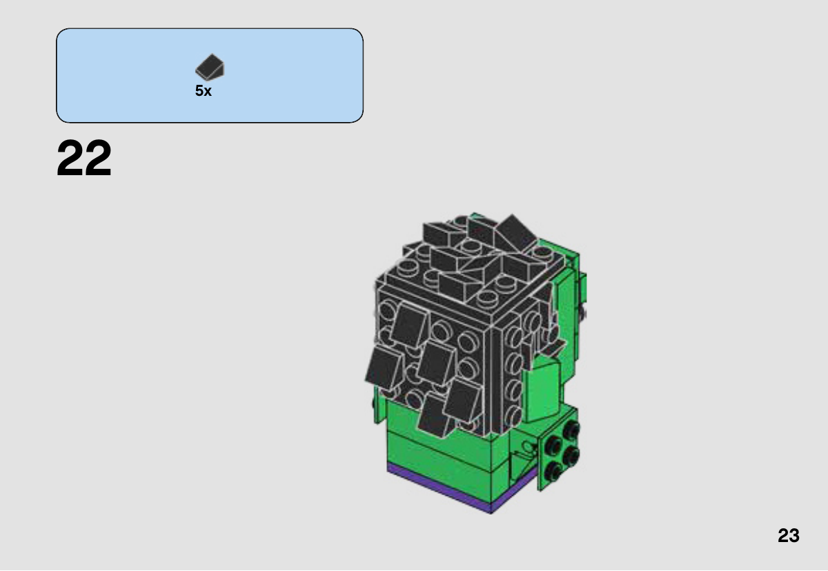 Notice LEGO 41592, page 23 : Cinq petites pentes noires sont ajoutées sur le panneau arrière de la tête, avec des tenons restant visibles entre elles.