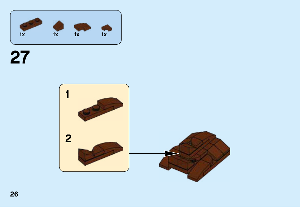 Notice LEGO 41602, page 26 : Encart 1 : plaque brune 1 × 3 et petite pente brune sur le tenon d’extrémité ; deux tenons restent libres. Poursuite avec une tuile en angle et une petite tuile arrondie, puis fixation à l’ensemble de chevelure.