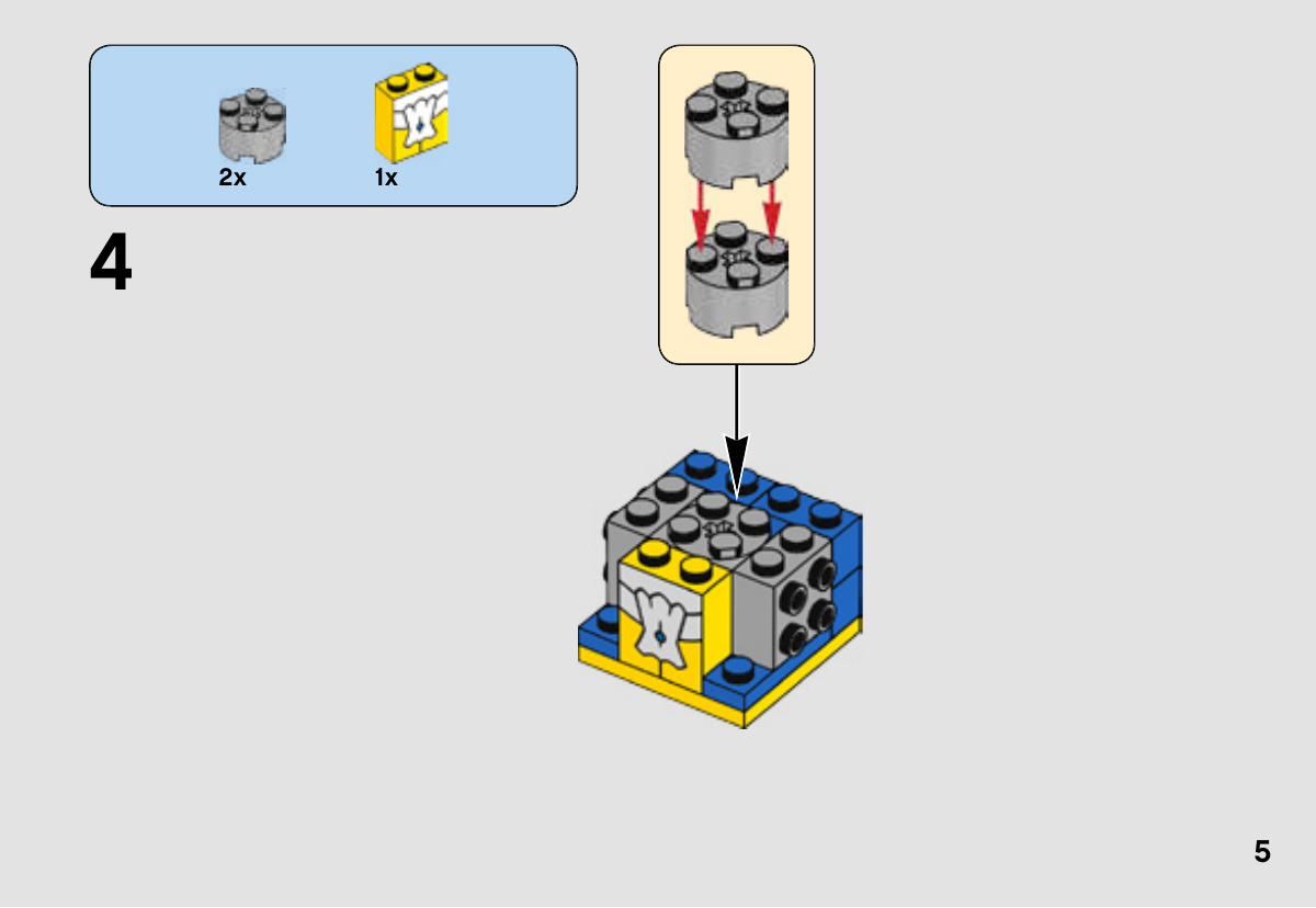 Notice LEGO 41596, page 5 : Pose de la brique jaune imprimée du gilet 6187661 et de deux briques rondes grises superposées au centre du torse.