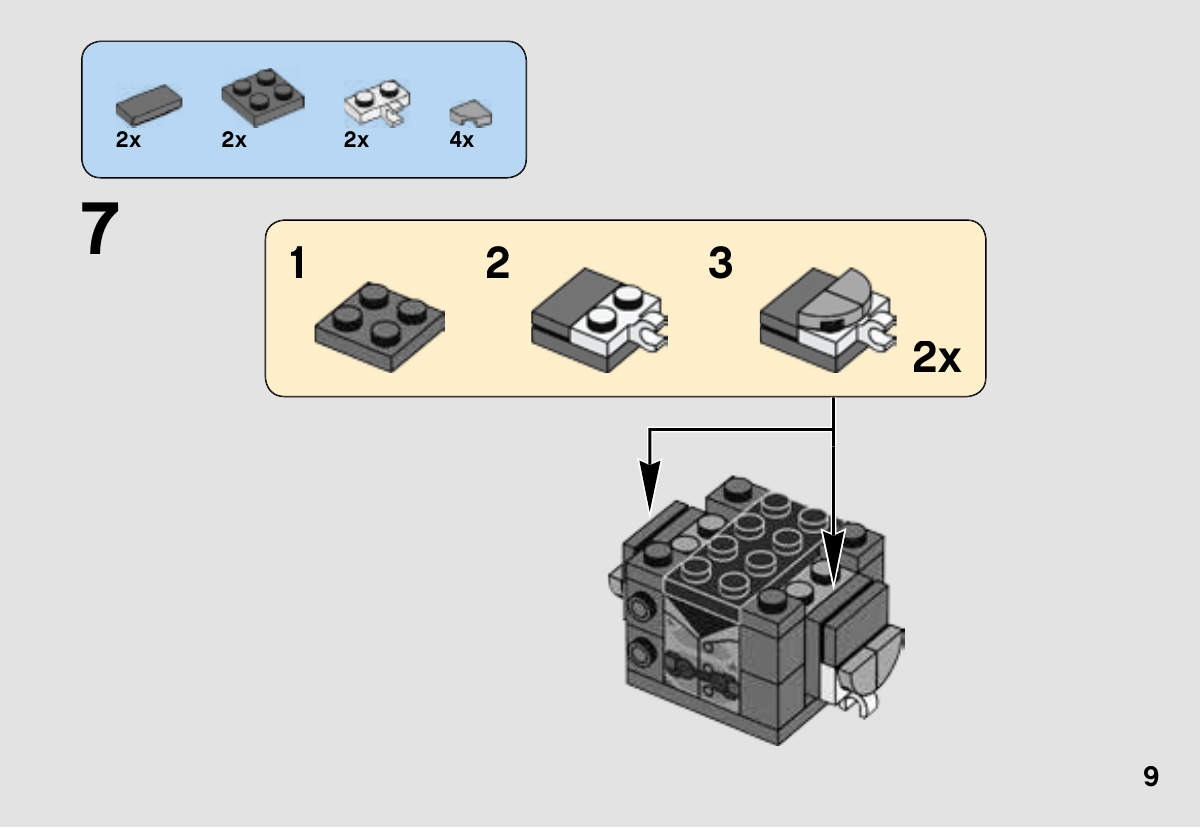 Notice LEGO 41594, page 9 : Assemblage des deux bras : mains blanches, plaques grises et quatre tuiles en quart de disque gris clair 6176433.