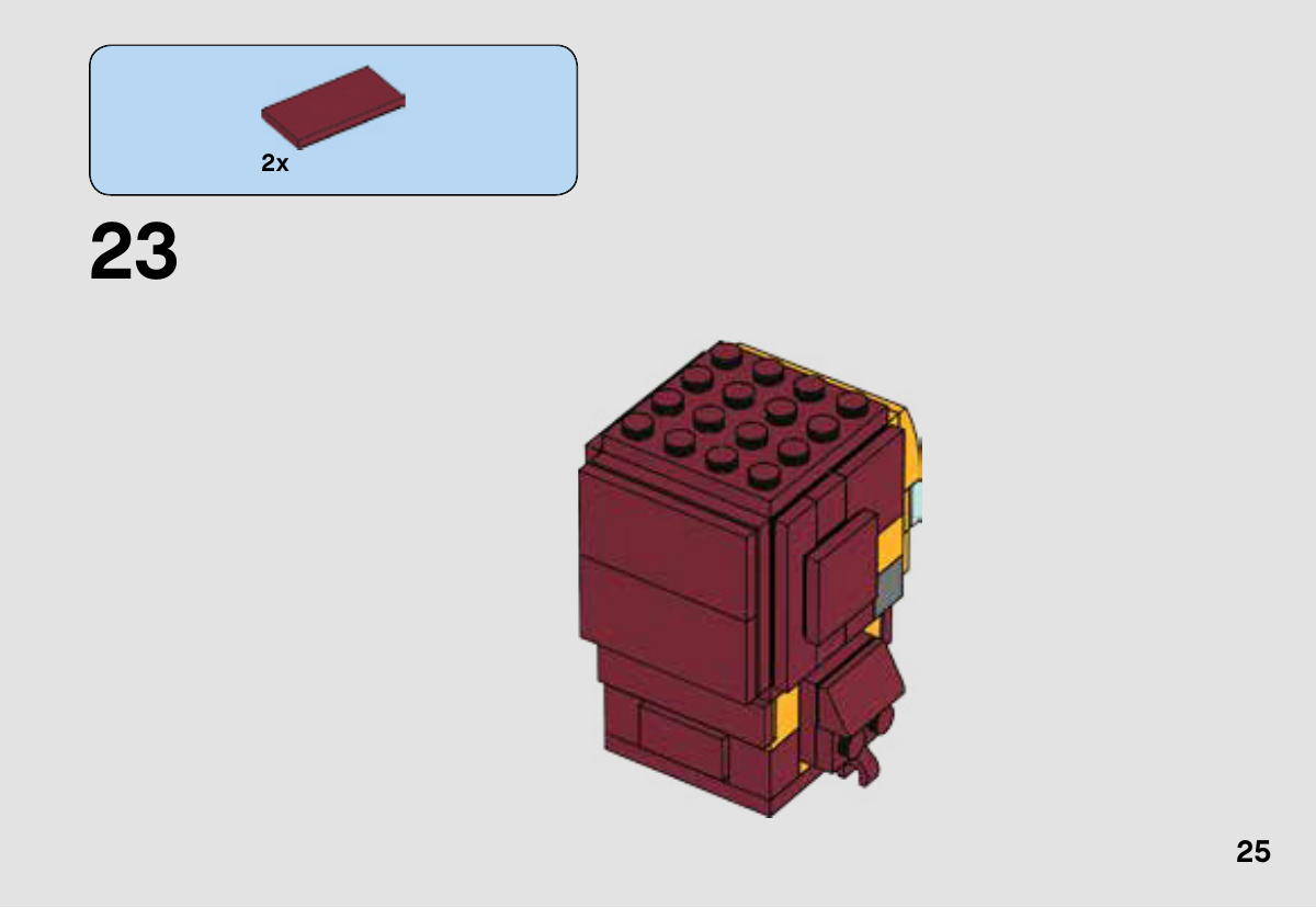 Notice LEGO 41590, page 25 : Deux tuiles rouge foncé de 2 × 4 terminent l’arrière du casque.