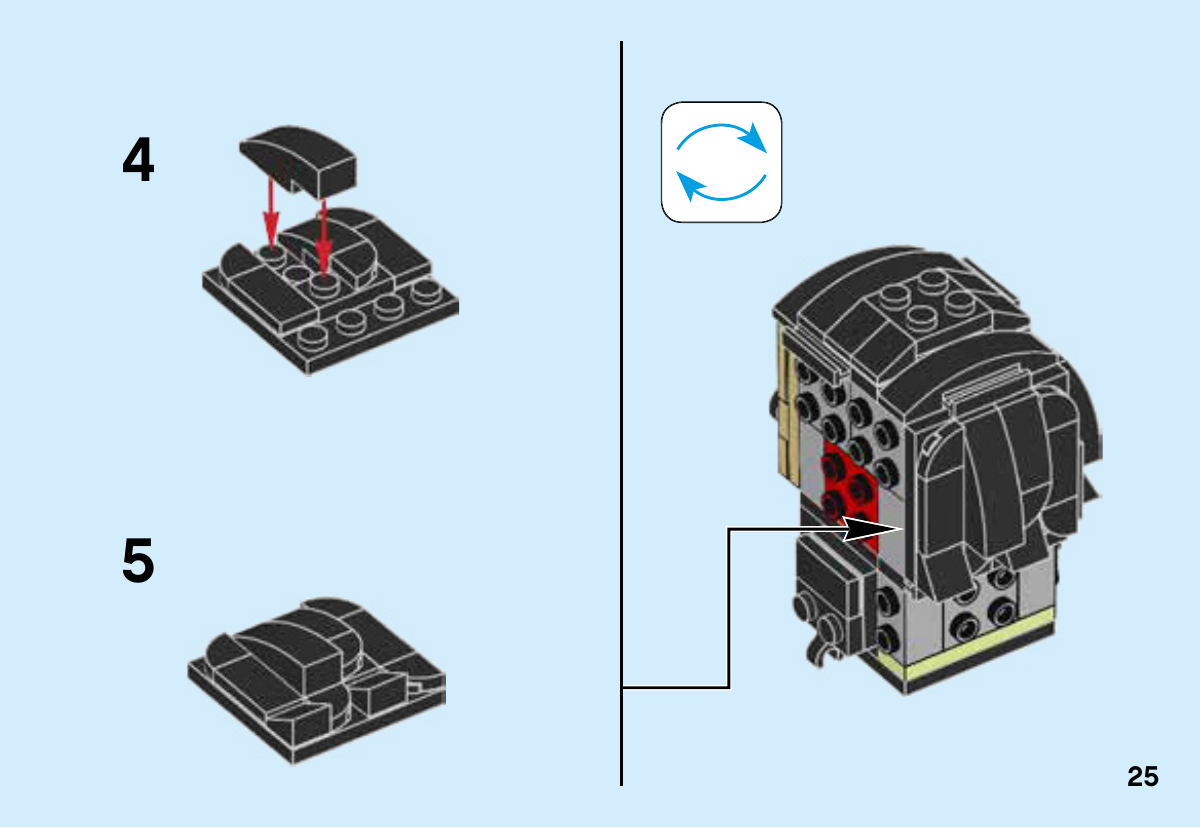 Notice LEGO 41603, page 25 : Achèvement du sous-ensemble arrière puis fixation ; personnage encore sans jambes.