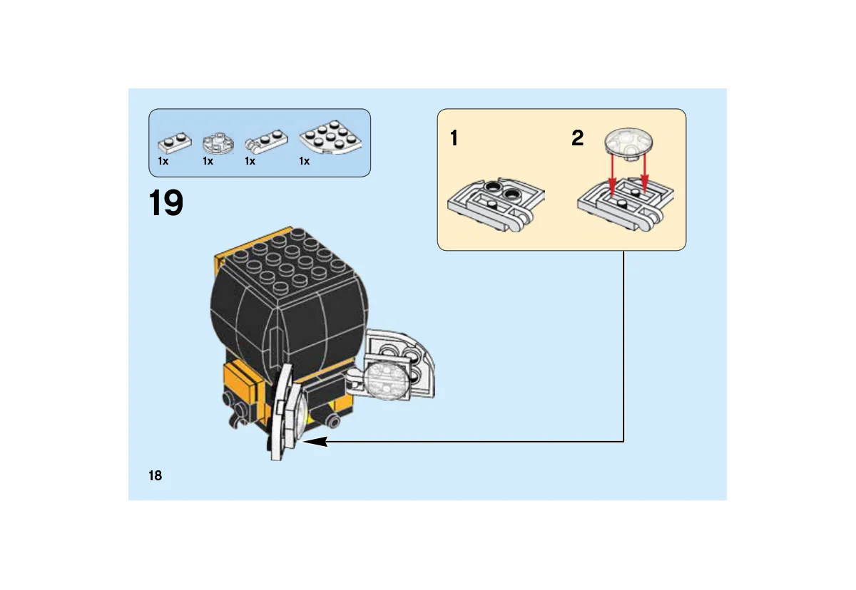 Notice LEGO 40270, page 18, étape 19 : Assemblage de l’aile blanche et fixation sur un côté du personnage, vu de dos.