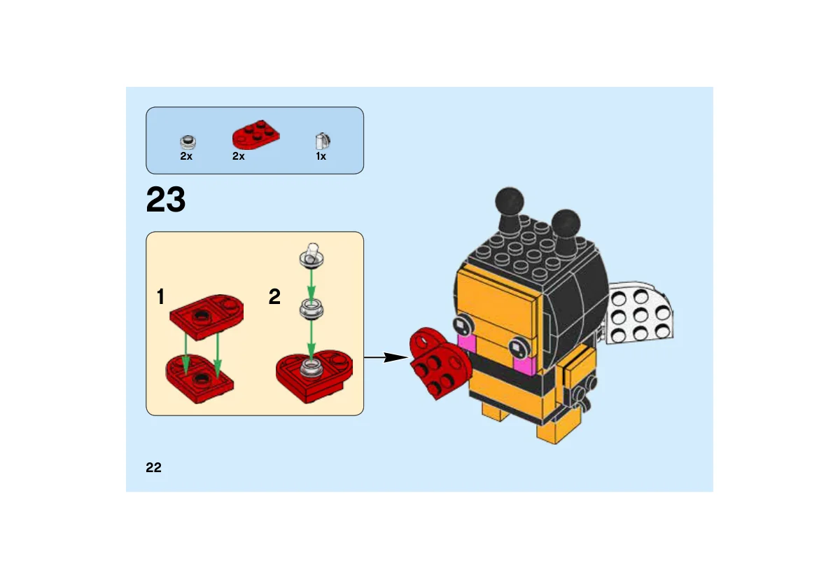 Notice LEGO 40270, page 22, étape 23 : Assemblage du cœur avec deux plaques rouges et de petits éléments de liaison, puis placement dans la main.