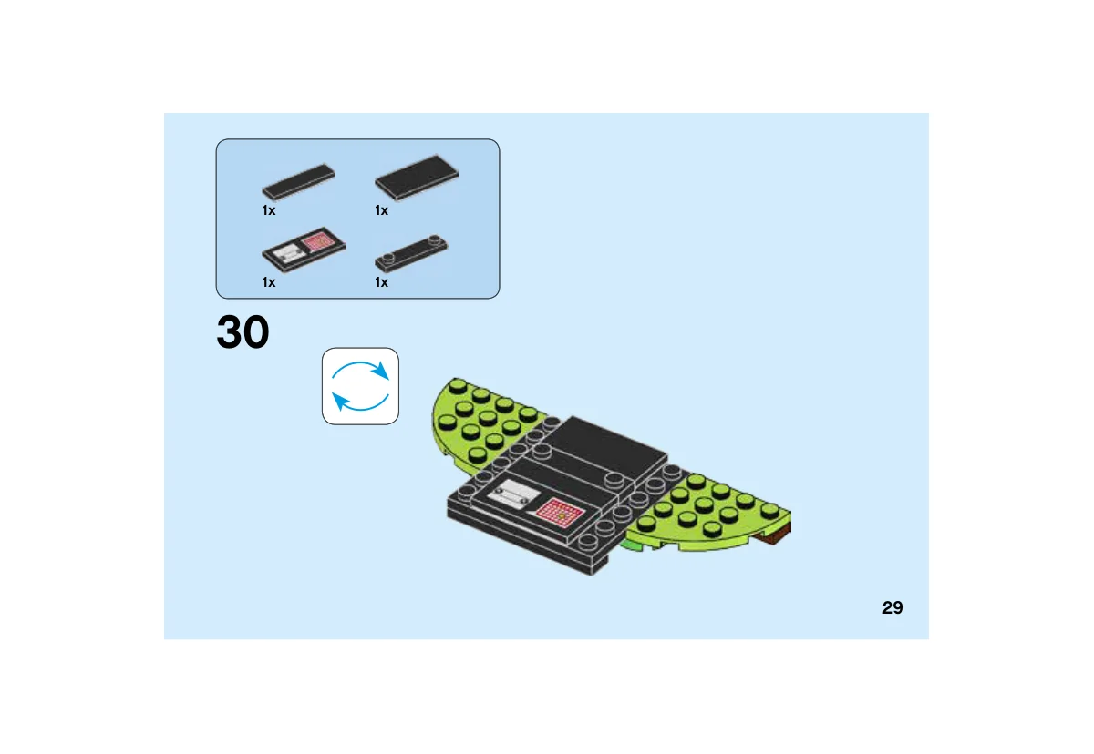 Notice LEGO 40270, page 29, étape 30 : Pose des tuiles noires et de la tuile saisonnière imprimée sur la base à extensions vertes.