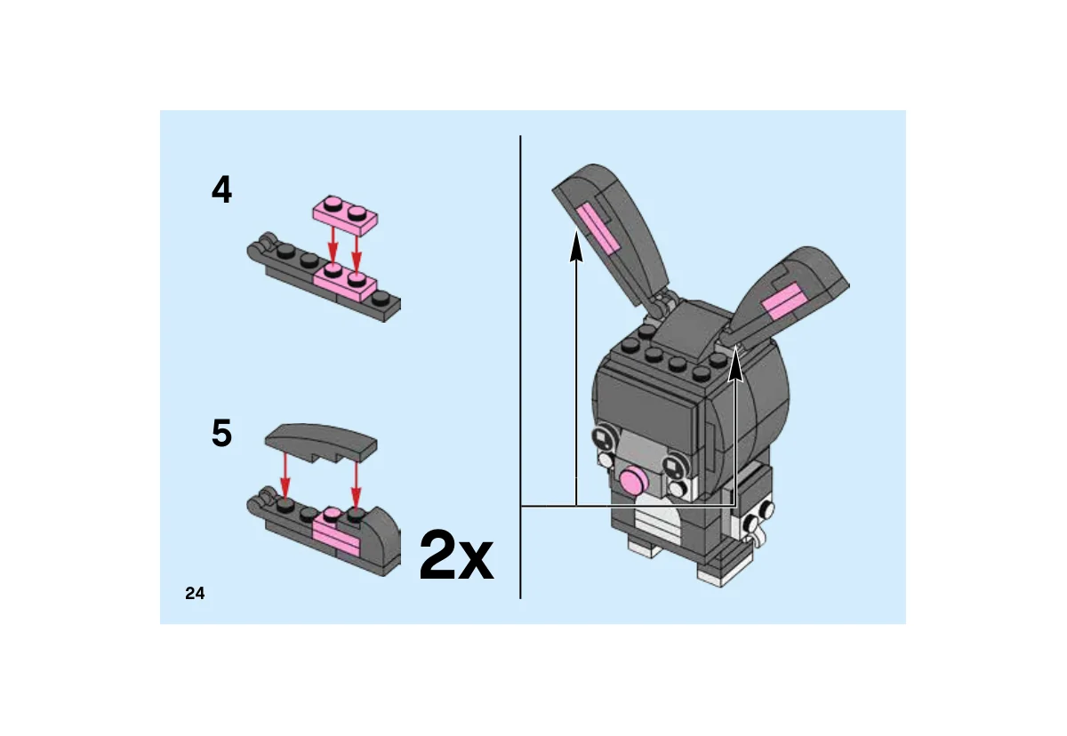 Notice LEGO 40271, page 24, étape 22, suite : Ajout des éléments incurvés aux deux oreilles grises et roses puis fixation sur le haut de la tête.