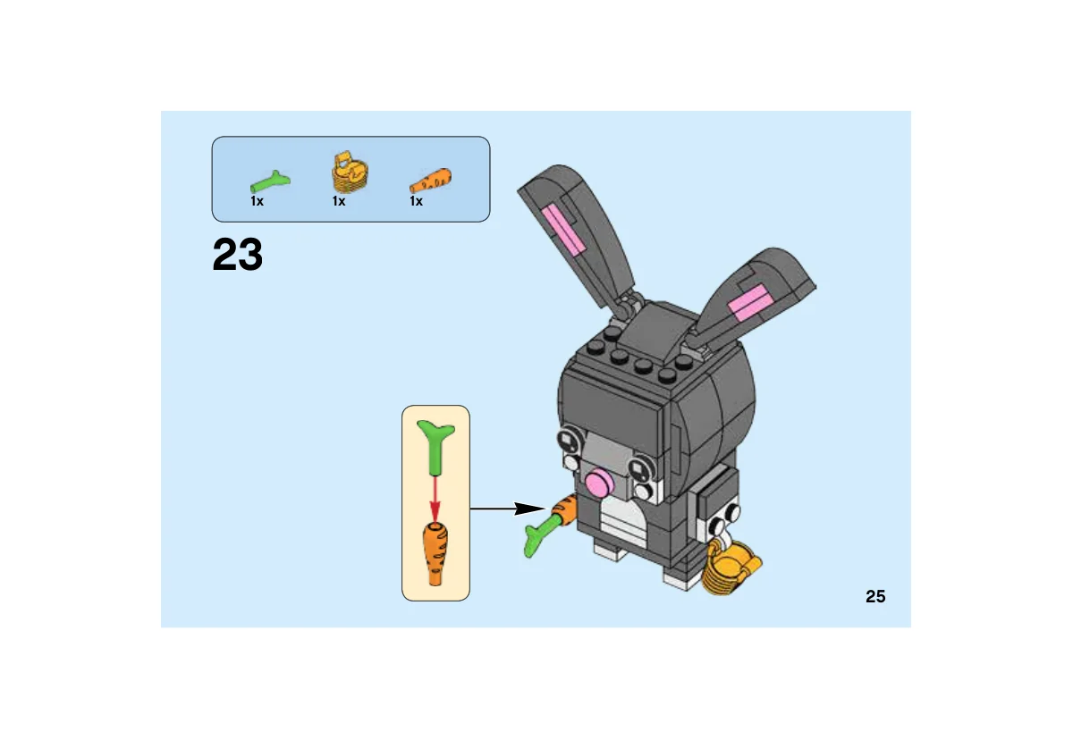 Notice LEGO 40271, page 25, étape 23 : Assemblage de la carotte orange avec sa tige verte, puis placement des accessoires dans les mains.