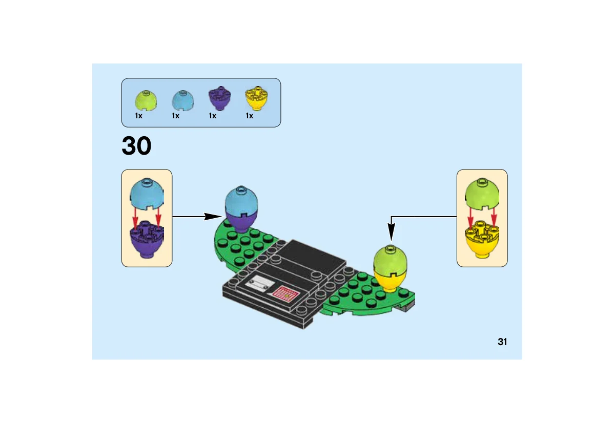 Notice LEGO 40271, page 31, étape 30 : Assemblage des deux œufs bleu azur/violet et vert citron/jaune, puis pose sur les deux extensions du décor.