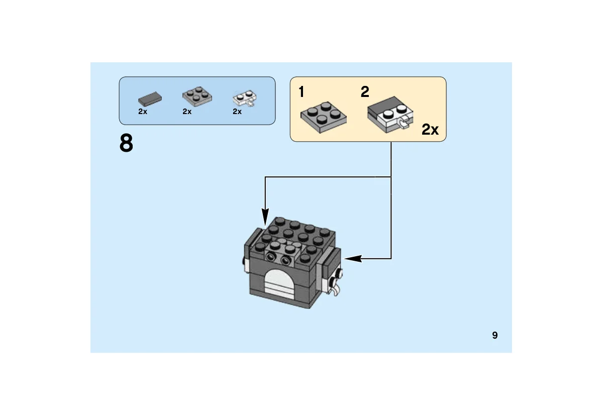 Notice LEGO 40271, page 9, étape 8 : Préparation de deux petits assemblages de plaques, puis fixation sur les flancs du noyau gris.
