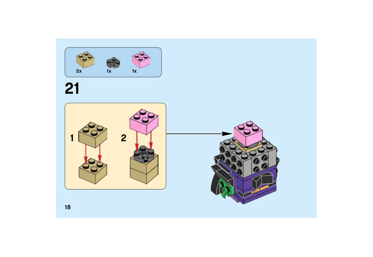 Notice LEGO 40272, page 18, étape 21 : Ajout d’un petit empilement beige et rose au noyau gris avant l’habillage du visage.