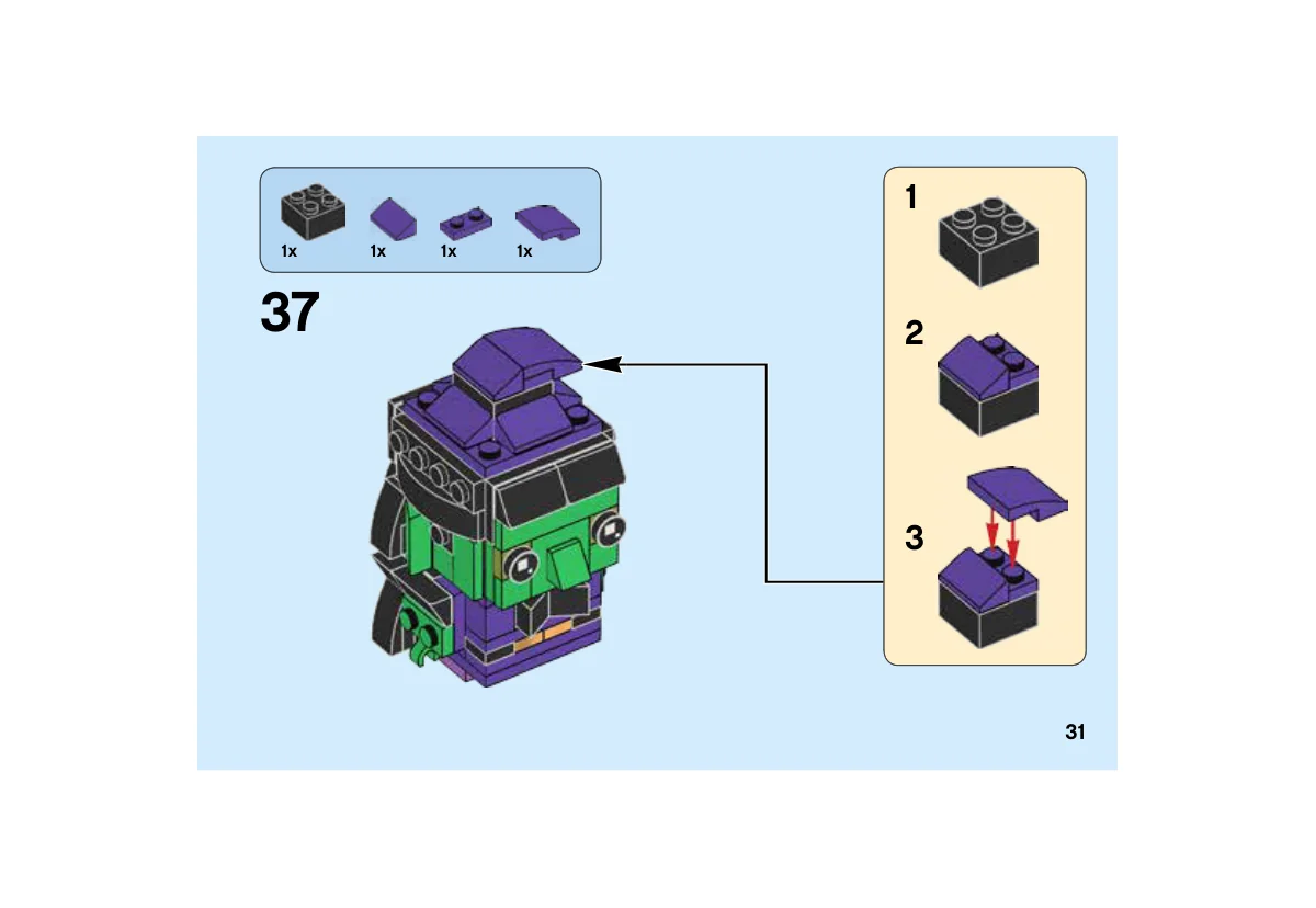 Notice LEGO 40272, page 31, étape 37 : Construction de la partie supérieure violette du chapeau puis fixation sur la tête.