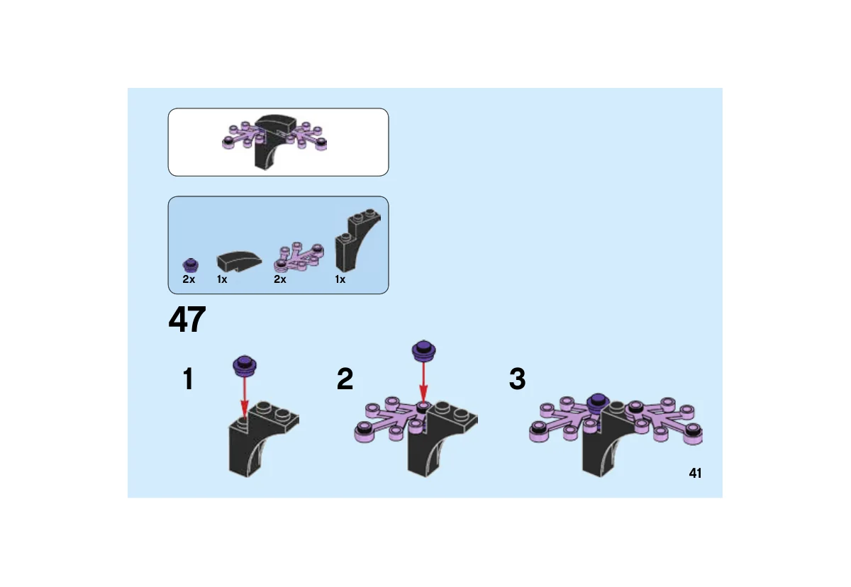 Notice LEGO 40272, page 41, étape 47 : Assemblage du décor noir avec les deux plaques de feuillage lavande.