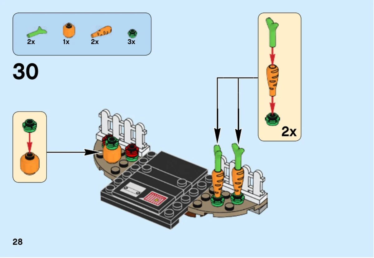 Notice officielle LEGO 40273, livret 1, page 28 : L’étape 30 assemble les feuillages aux deux carottes, ajoute la citrouille et place ces légumes devant les clôtures.