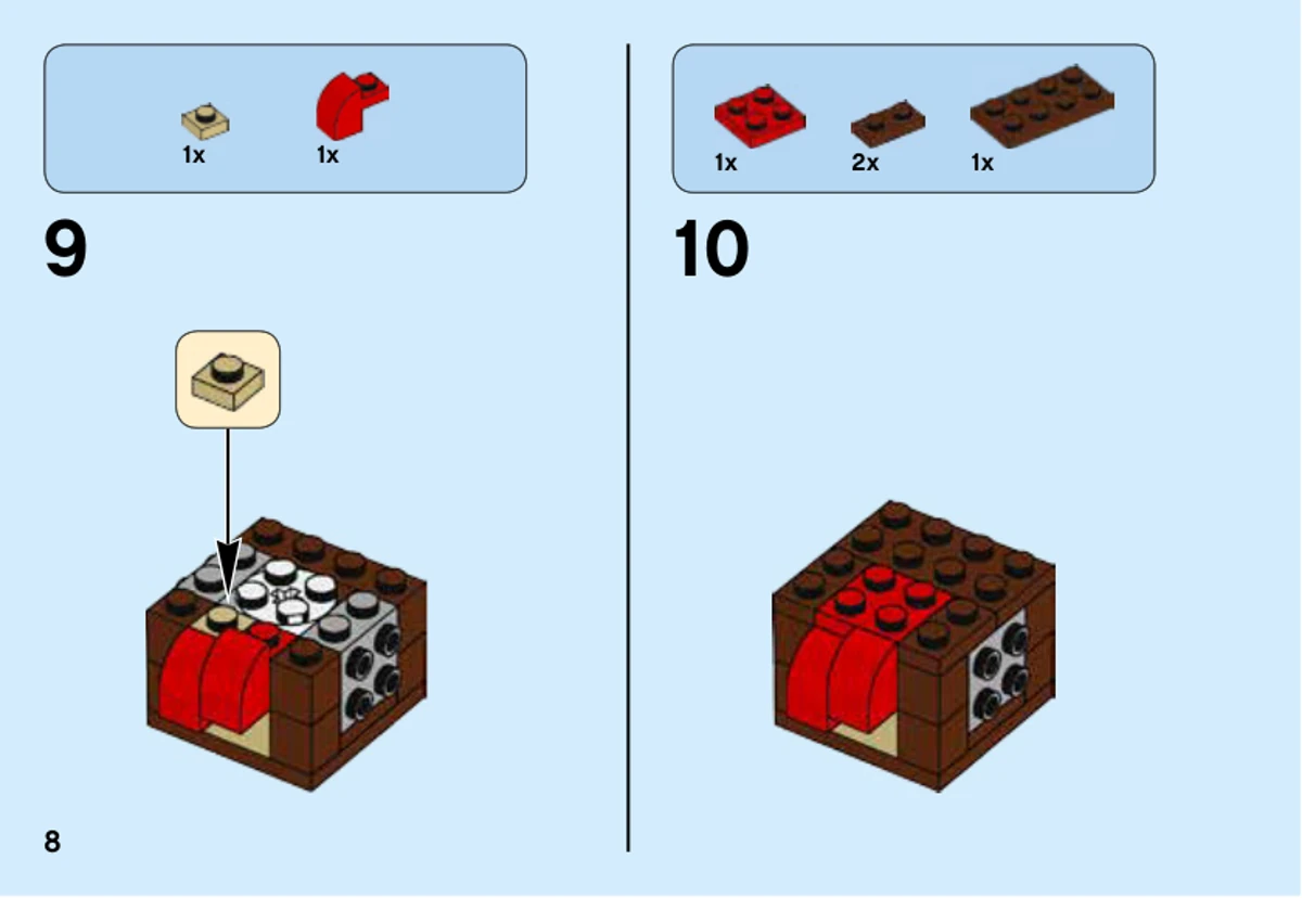Notice officielle LEGO 40273, livret 1, page 8 : Les étapes 9 et 10 ajoutent une pièce beige, un élément rouge courbe puis des plaques brunes et rouges sur le corps.