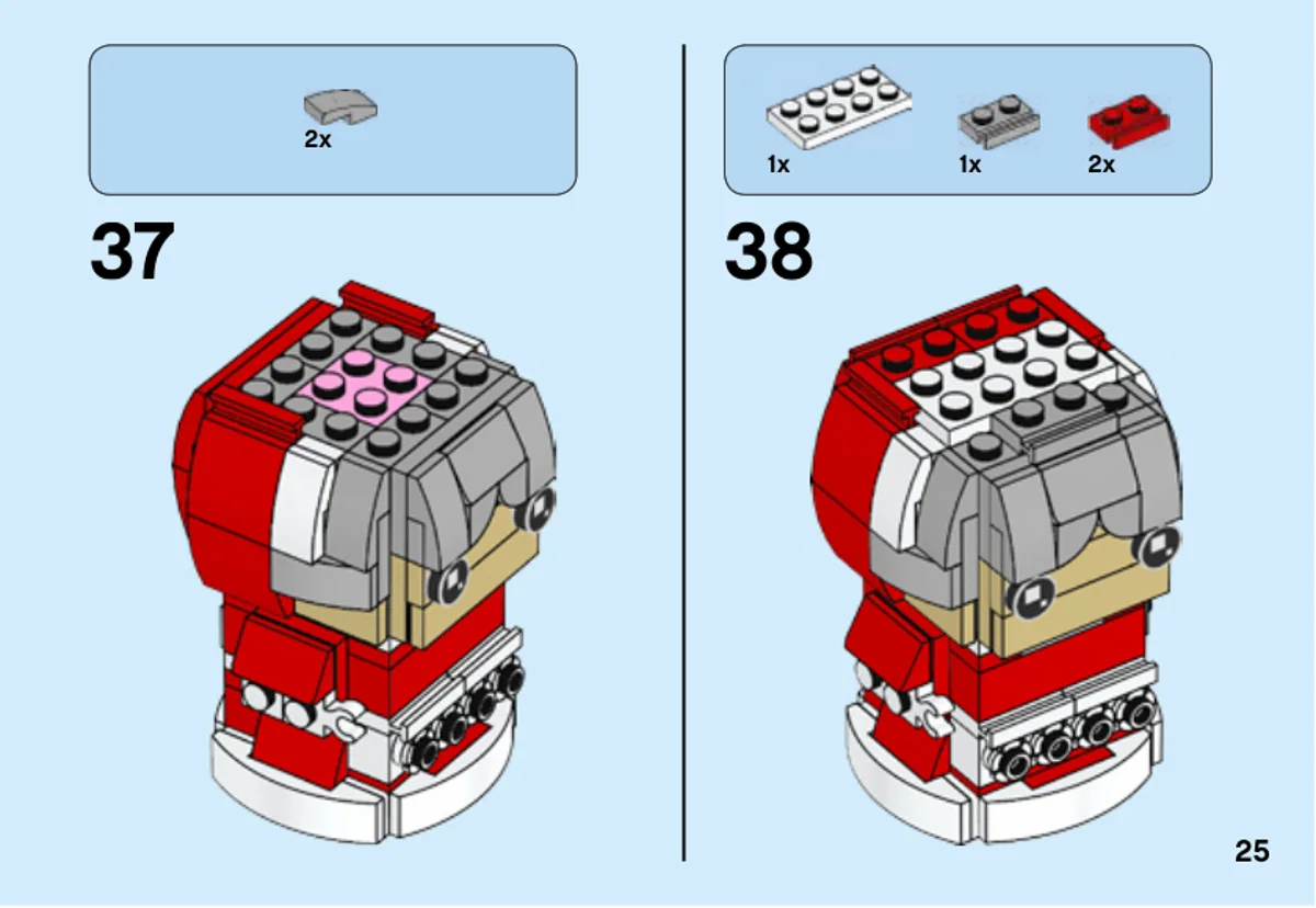 Notice officielle LEGO 40274, livret 1, page 25 : Les étapes 37 et 38 ajoutent des pièces grises sur le haut de la coiffure puis des plaques blanches, grises et rouges sur la tête de la mère Noël.