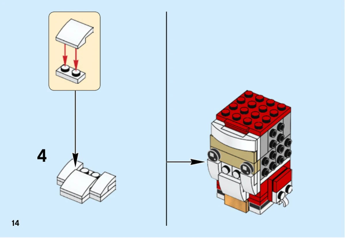 Notice officielle LEGO 40274, livret 2, page 14 : La sous-étape 4 termine le module de barbe par une pente blanche ; le schéma montre ensuite sa fixation sur le visage du père Noël.