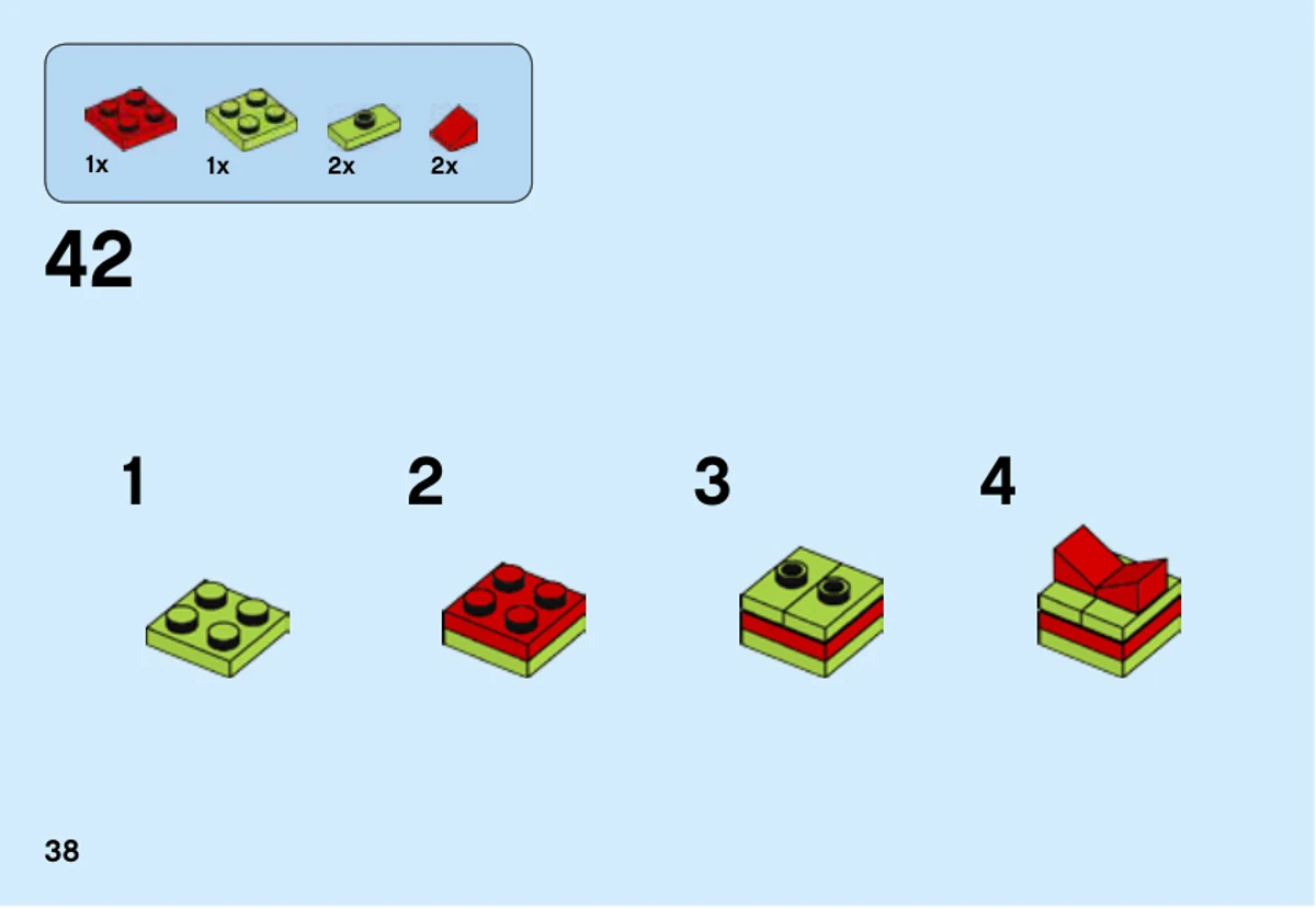 Notice officielle LEGO 40274, livret 2, page 38 : L’étape 42 superpose des plaques vert citron et rouges, puis pose deux pentes rouges pour former le ruban du cadeau.