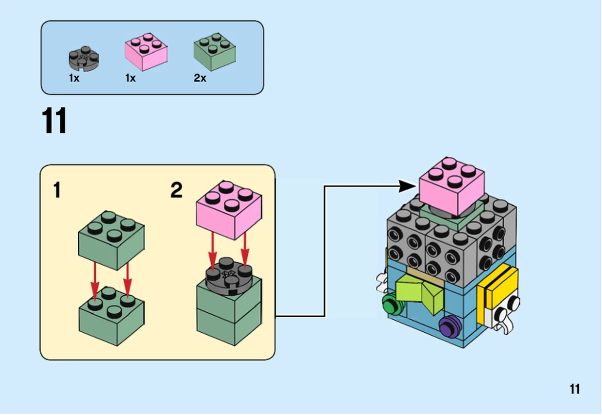 Notice LEGO 40348, livret 6270788, page 11, étape 11 : Le sous-ensemble gris, vert sable et rose complète le noyau encore ouvert.