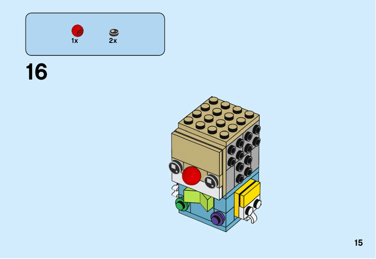 Notice LEGO 40348, livret 6270788, page 15, étape 16 : La boule rouge du nez et les deux yeux noirs imprimés sont ajoutés au visage ; le support du nez est déjà en place.