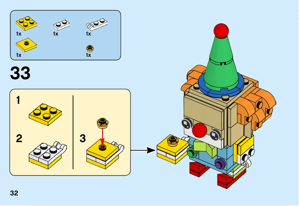 Notice LEGO 40348, livret 6270788, page 32, étape 33 : Un petit sous-ensemble jaune et blanc avec un élément doré est construit en trois sous-étapes puis fixé à la main du clown. Le chapeau est déjà installé.