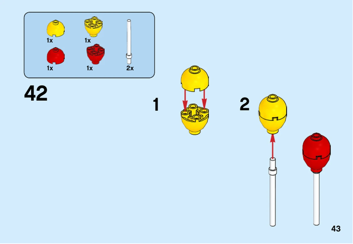 Notice LEGO 40348, livret 6270788, page 43, étape 42 : Construction séparée des ballons rouge et jaune sur leurs tiges blanches.