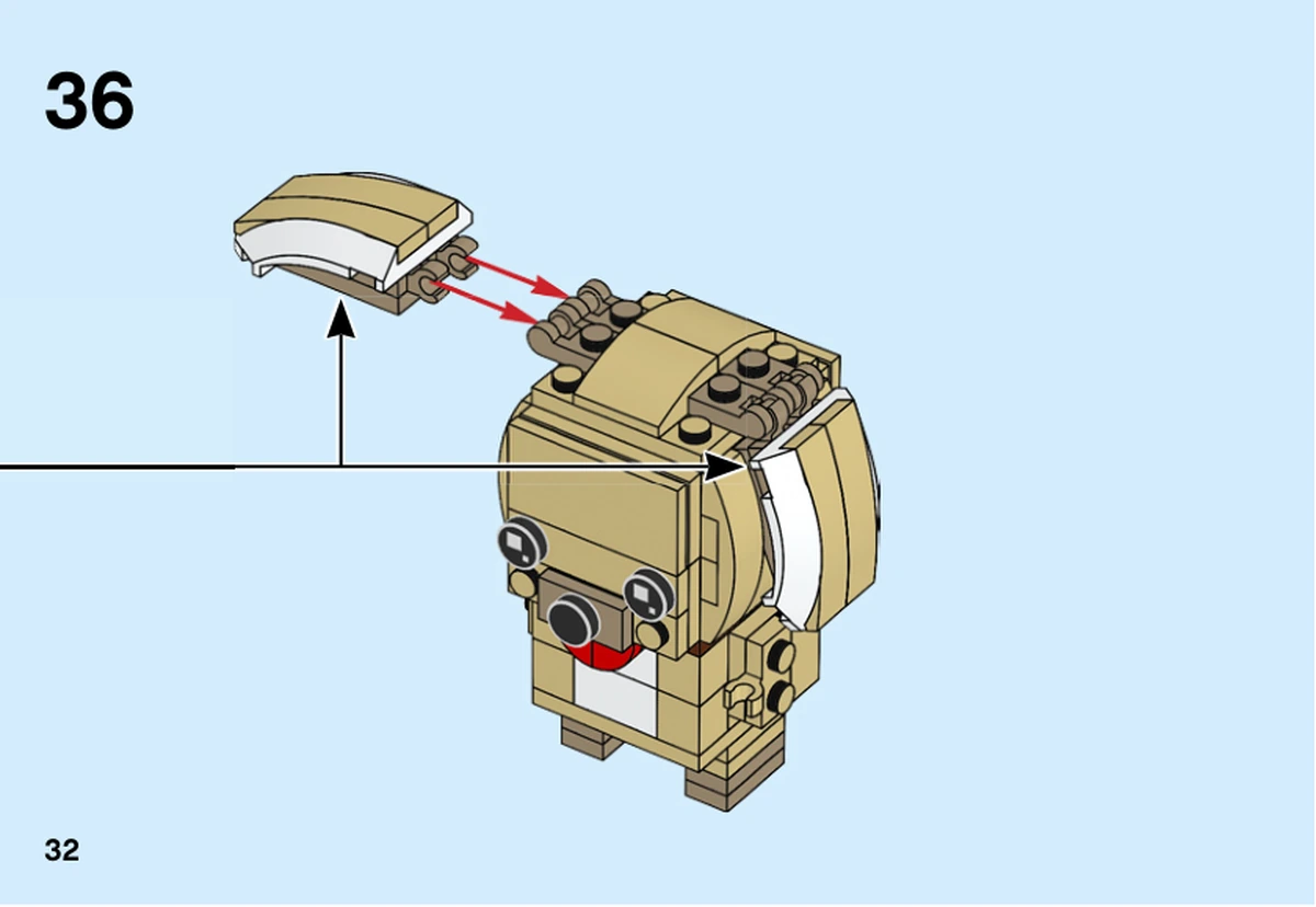 Notice officielle LEGO 40349, livret 6270797, page 32, étape 36 : La seconde oreille beige et blanche est fixée sur le côté de la tête.