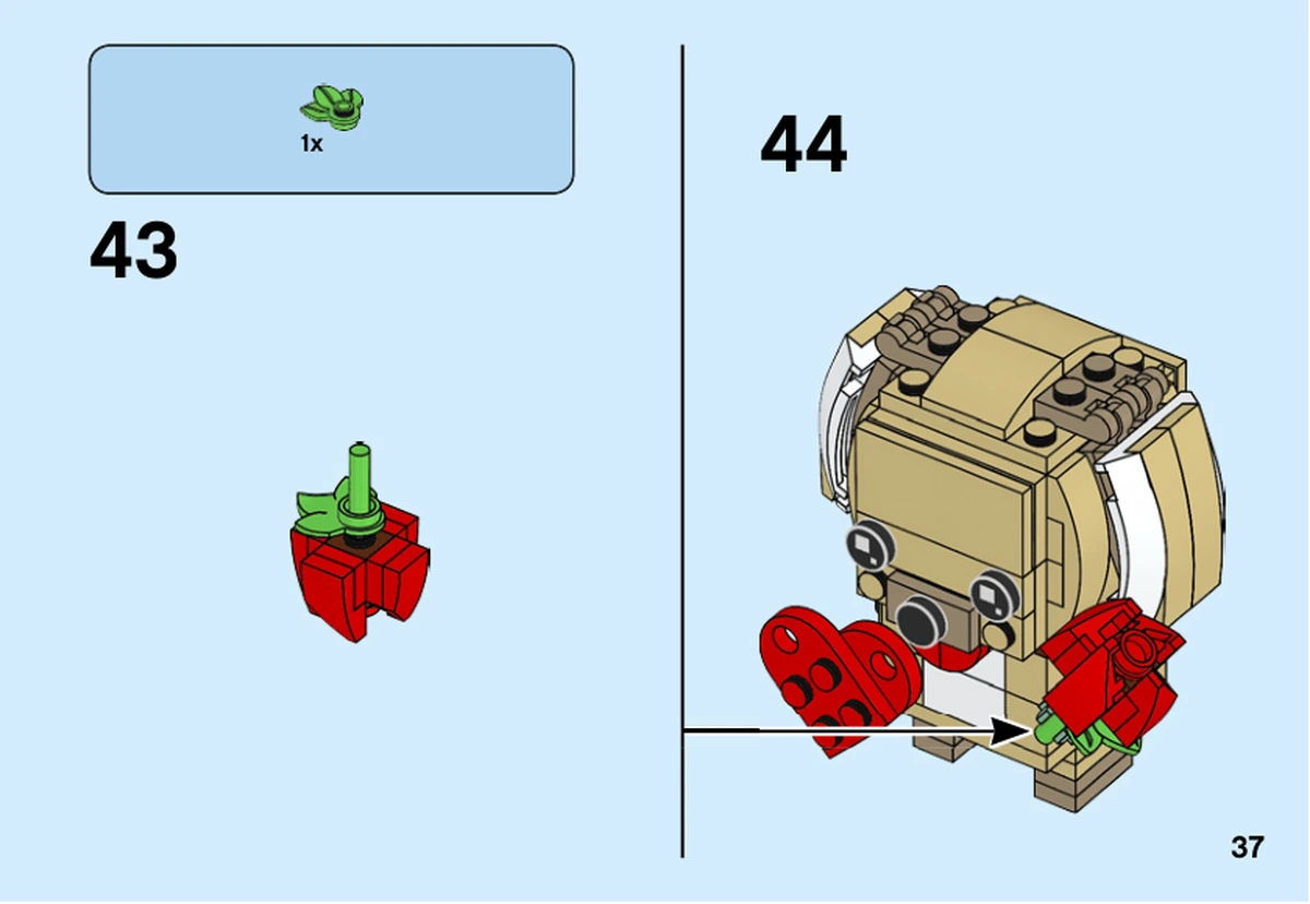 Notice officielle LEGO 40349, livret 6270797, page 37, étape 43–44 : La tige verte est ajoutée à la rose rouge avant de la fixer au chiot.