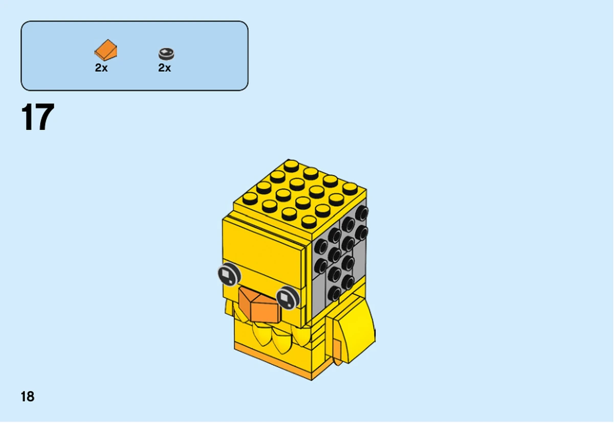 Notice officielle LEGO 40350, livret 6270799, page 18, étape 17 : Le visage jaune reçoit le bec orange et les deux yeux BrickHeadz.