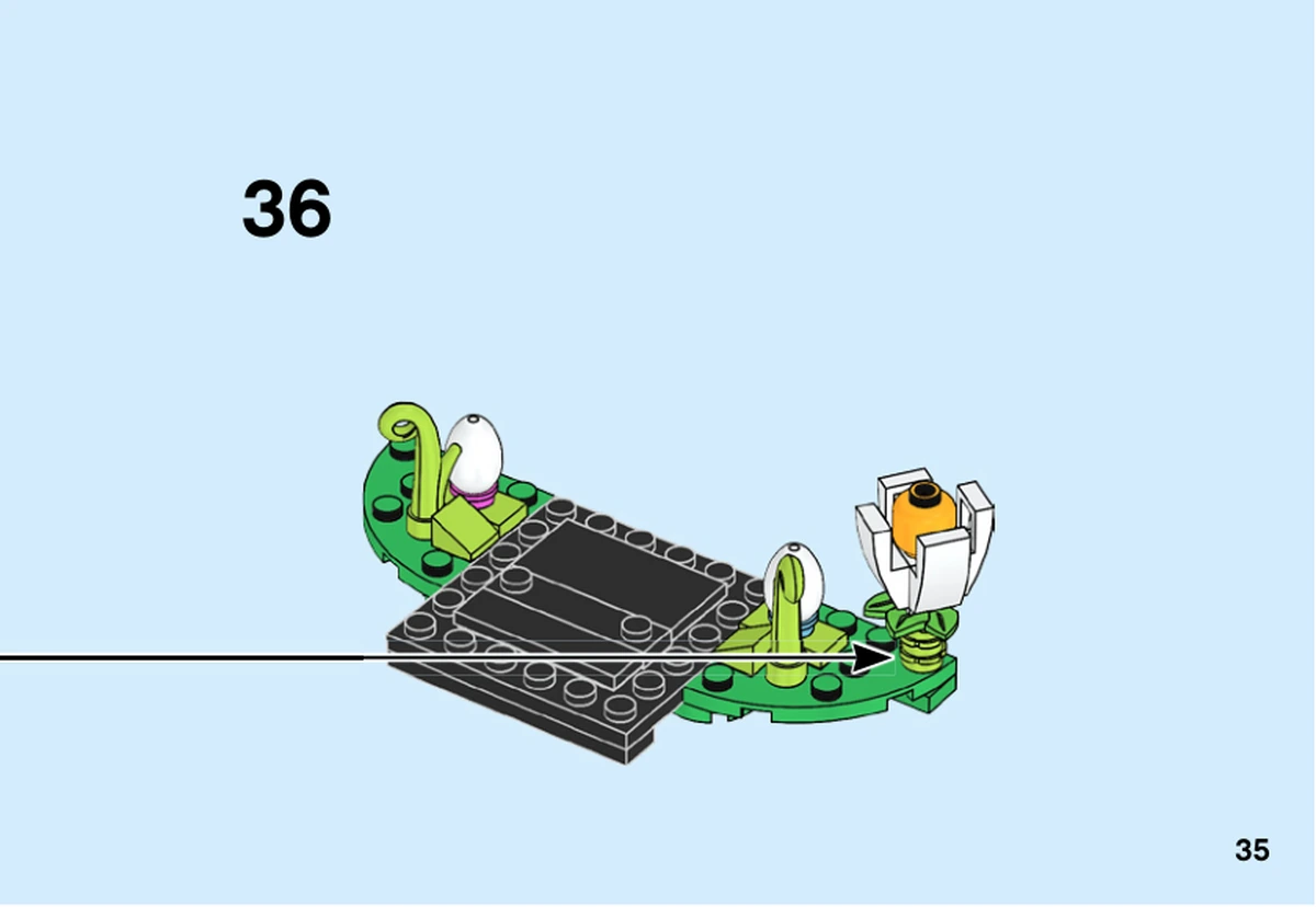 Notice officielle LEGO 40350, livret 6270799, page 35, étape 36 : La tulipe blanche au cœur orange est placée sur une extension verte du socle.