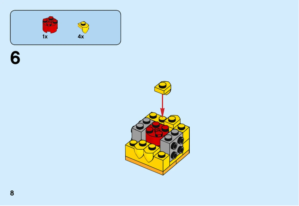 Notice officielle LEGO 40350, livret 6270799, page 8, étape 6 : Les briques grises, rouge et jaunes préparent le volume de la tête.