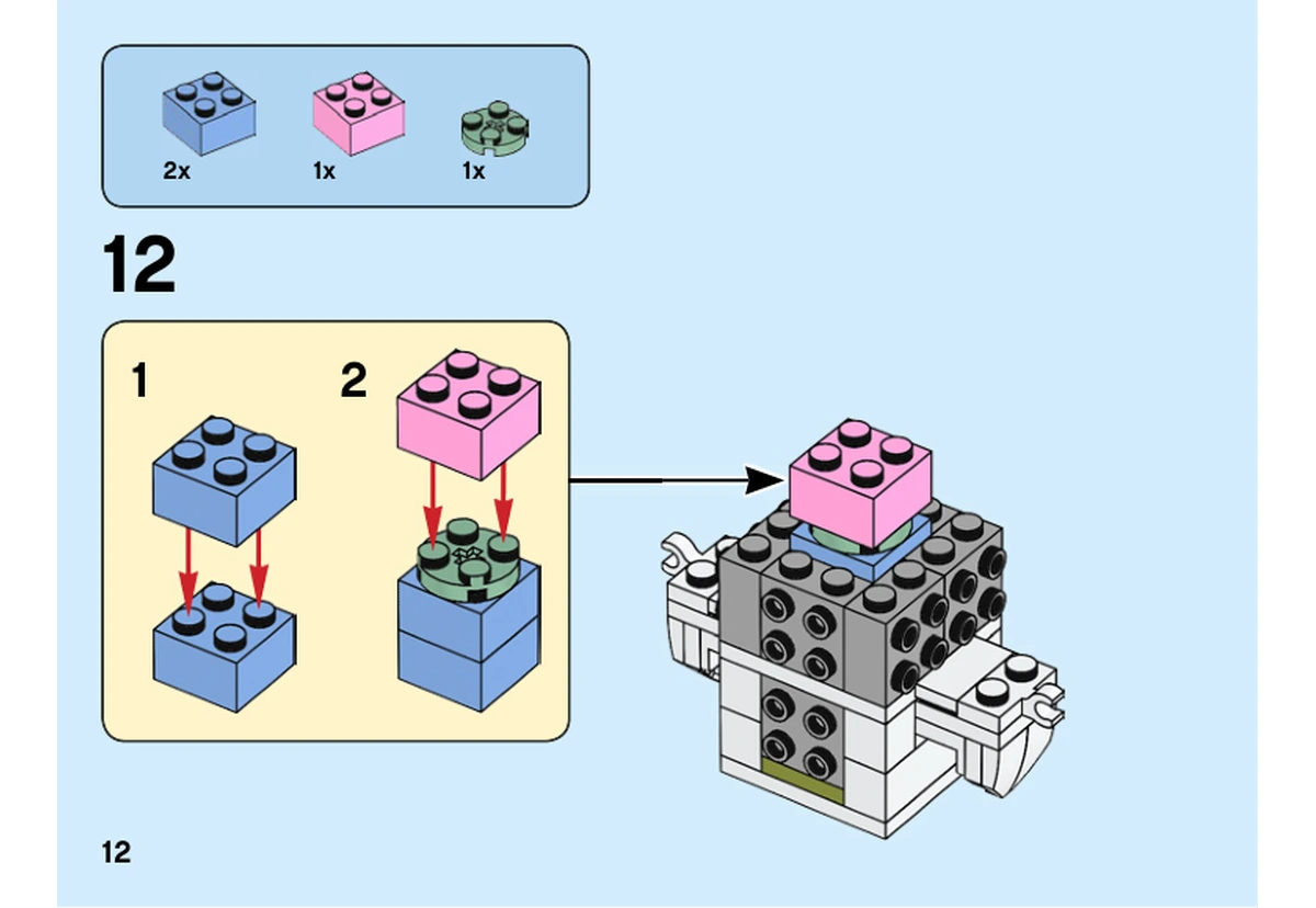 Notice officielle LEGO 40351, livret 6282727, page 12, étape 12 : Les briques bleues, vertes et rose entrent dans la tête avant l’habillage blanc.
