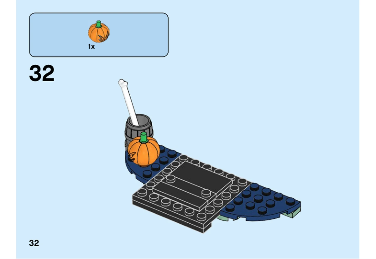 Notice officielle LEGO 40351, livret 6282727, page 32, étape 32 : La petite citrouille orange rejoint le décor près du tonneau.
