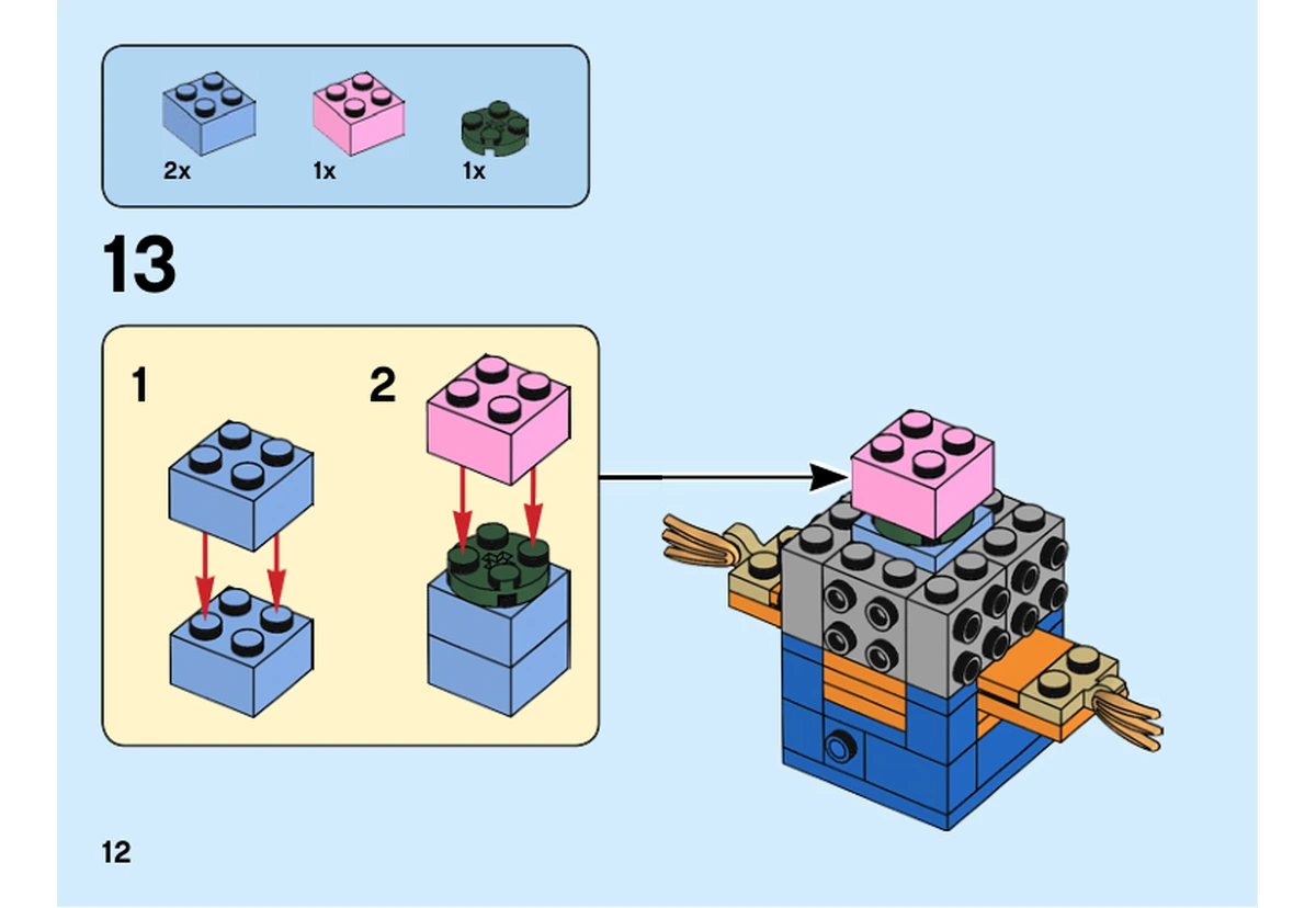 Notice officielle LEGO 40352, livret 6287350, page 12, étape 13 : Les briques intérieures bleues, vertes et rose préparent la tête.