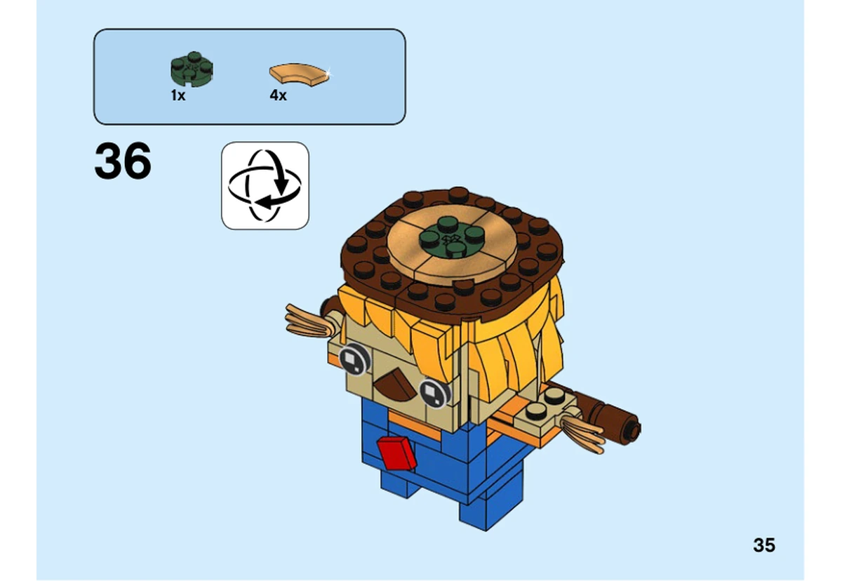 Notice officielle LEGO 40352, livret 6287350, page 35, étape 36 : Les pentes orange clair complètent le bord brun du chapeau autour d’une pièce ronde vert foncé.