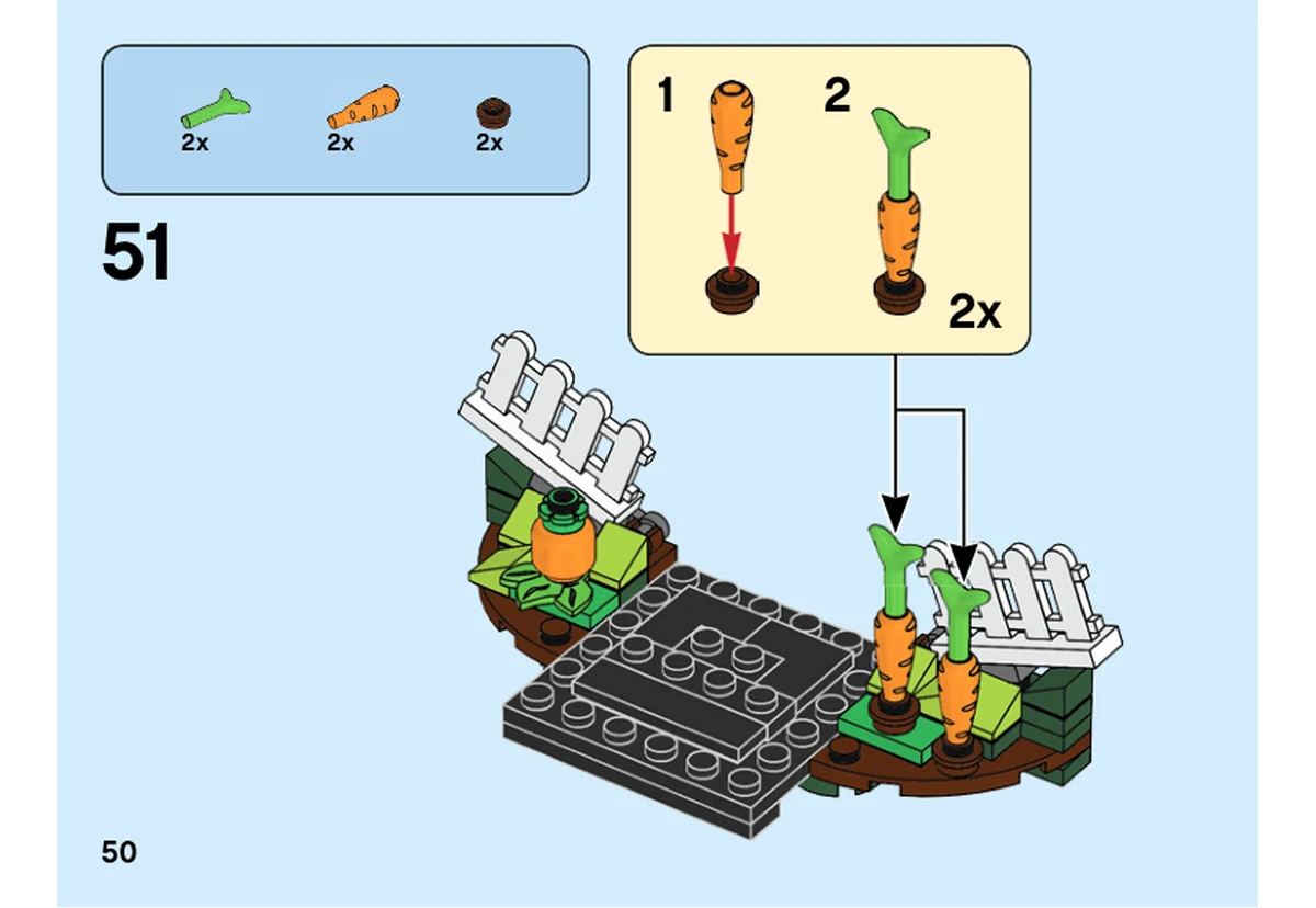 Notice officielle LEGO 40352, livret 6287350, page 50, étape 51 : Deux carottes orange et leur feuillage vert sont assemblés puis fixés près de la clôture.