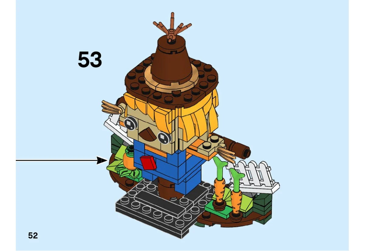 Notice officielle LEGO 40352, livret 6287350, page 52, étape 53 : L’épouvantail complet rejoint le socle à clôture et végétaux.