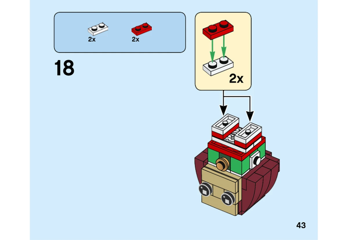 Notice officielle LEGO 40353, livret 6282732, page 43, étape 18 : Le modèle retourné reçoit deux sous-ensembles blancs et rouges au bas du corps d’Elfie.