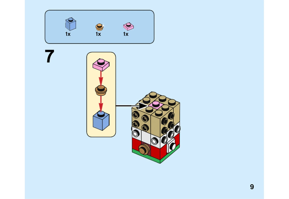 Notice officielle LEGO 40353, livret 6282732, page 9, étape 7 : Le noyau bleu et rose est inséré dans la tête beige de l’Elfe.