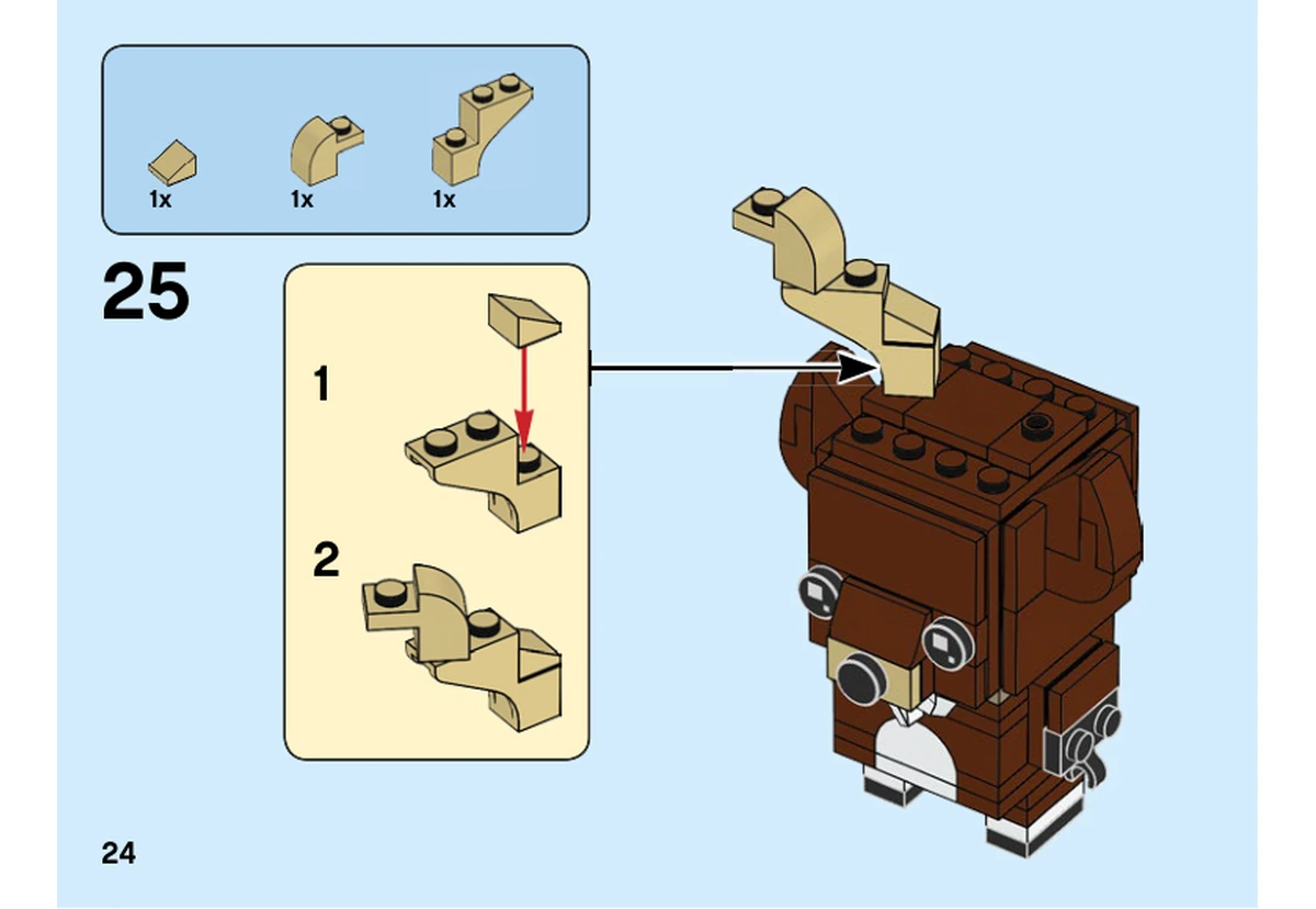 Notice officielle LEGO 40353, livret 6282734, page 24, étape 25 : Un bois beige est assemblé puis fixé sur le renne.