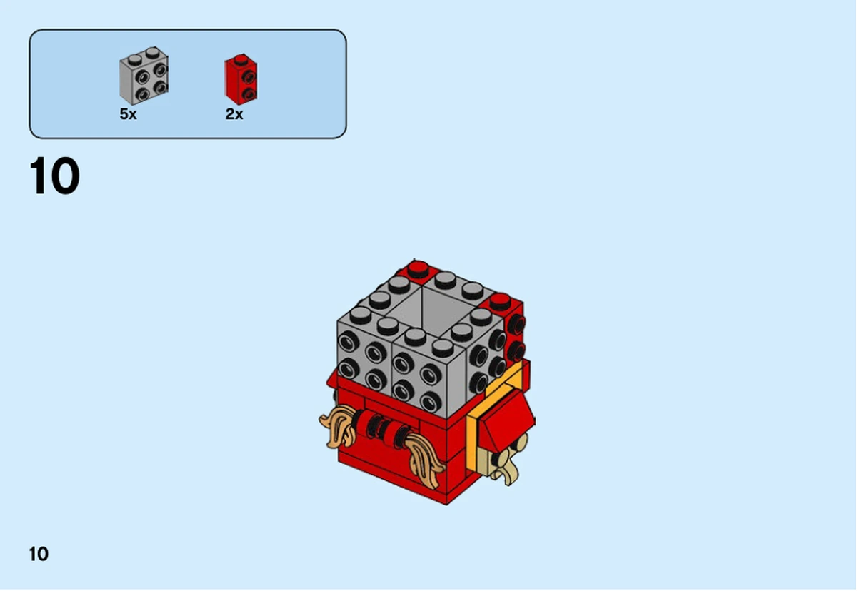 Notice LEGO 40354, page 10, étape 10 : Des briques grises à tenons latéraux préparent le volume de la tête au-dessus du torse rouge.