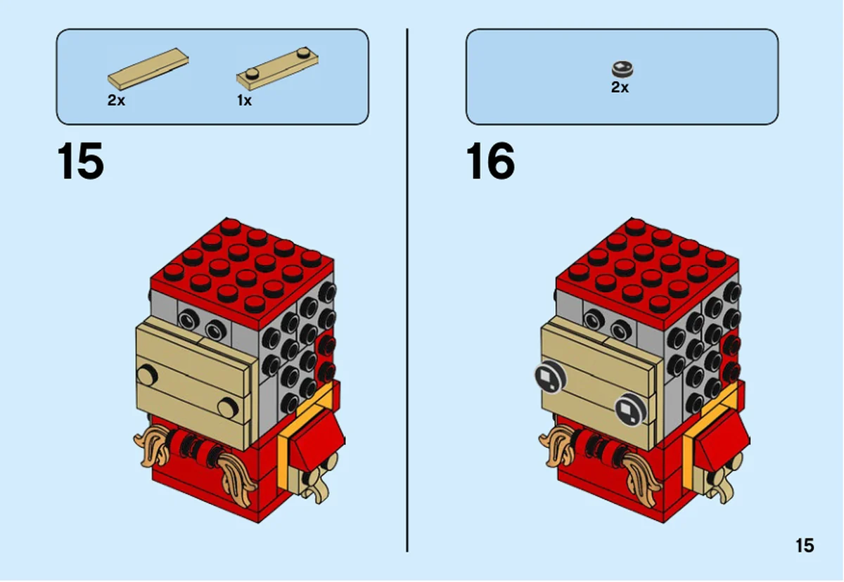 Notice LEGO 40354, page 15, étape 15 et 16 : La face beige reçoit les deux yeux ronds noirs imprimés.