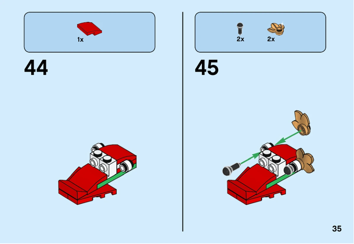 Notice LEGO 40354, page 35, étape 44 et 45 : Le sous-assemblage rouge reçoit deux éléments dorés sur ses côtés.