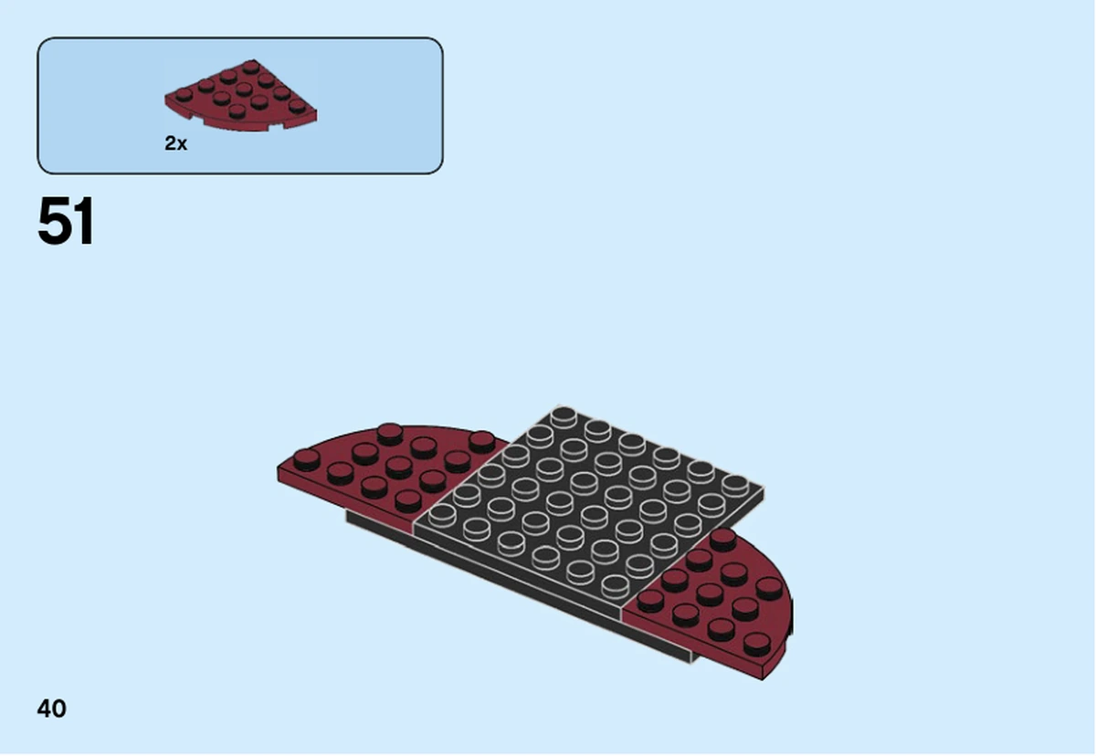 Notice LEGO 40354, page 40, étape 51 : Deux plaques rouge foncé aux coins arrondis prolongent le support noir.