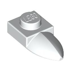 Pièce LEGO 49668, blanc : Deux petites plaques blanches 1 × 1 avec une dent horizontale en saillie. Leur pointe claire forme les dents du masque ; conserver la bonne orientation lors du montage.