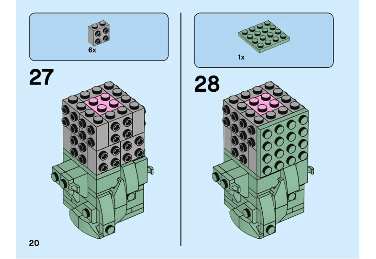 Notice LEGO 40367, page 20, étape 27 et 28 : Six briques grises à tenons latéraux entourent le centre rose avant les panneaux extérieurs.